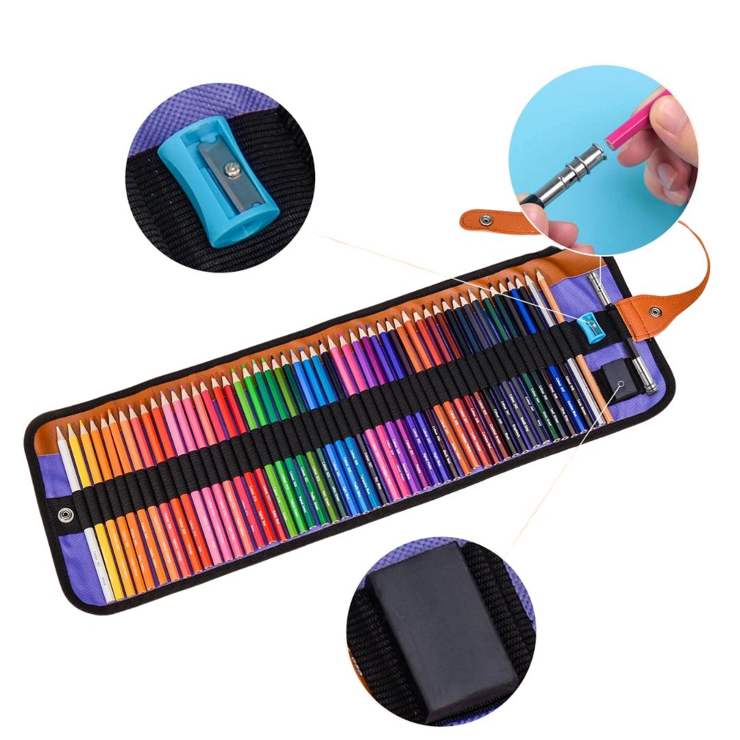 Conjunto de Lápis de Cor Arte Profissional com 50 ou 72 cores e acessórios incluídos. Close-up de lápis individuais do conjunto, destacando a qualidade e a variedade de cores. Artista usando os Lápis de Cor Arte Profissional em uma ilustração, mostrando a vivacidade das cores. Acessórios incluídos no conjunto: apontador de lápis, borracha e extensor.