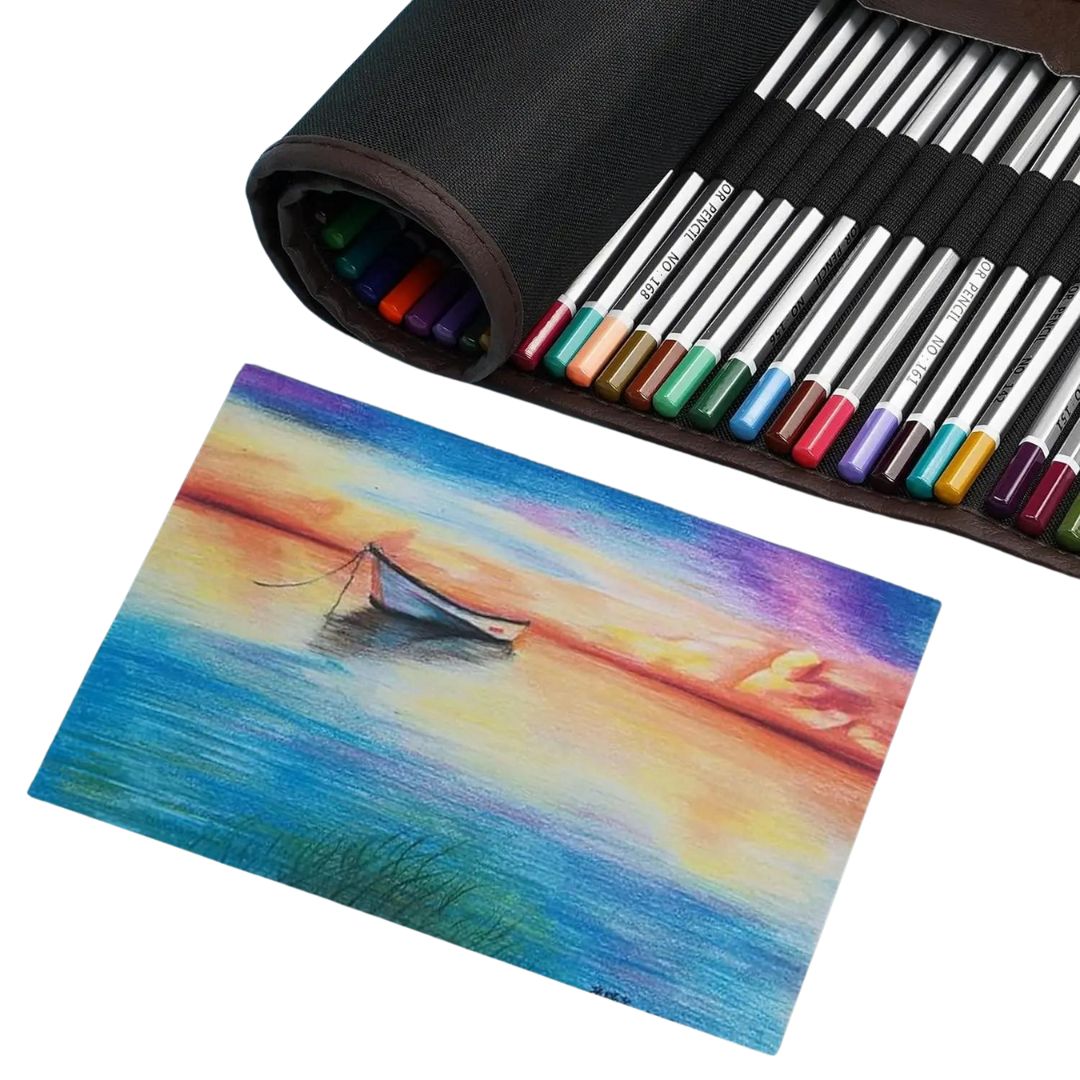 Conjunto completo de 72 Lápis Coloridos Oleosos, ideal para desenho e esboço. Detalhe dos lápis coloridos oleosos, destacando as cores intensas e a qualidade do material. Artista utilizando os lápis coloridos oleosos, demonstrando a vivacidade e a versatilidade das cores. Embalagem prática e portátil do conjunto de lápis, ideal para artistas em movimento.