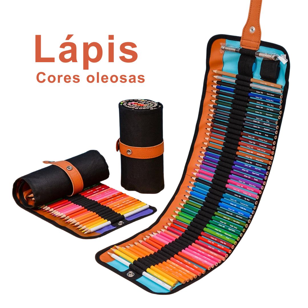 Conjunto de Lápis de Cor Arte Profissional com 50 ou 72 cores e acessórios incluídos. Close-up de lápis individuais do conjunto, destacando a qualidade e a variedade de cores. Artista usando os Lápis de Cor Arte Profissional em uma ilustração, mostrando a vivacidade das cores. Acessórios incluídos no conjunto: apontador de lápis, borracha e extensor.