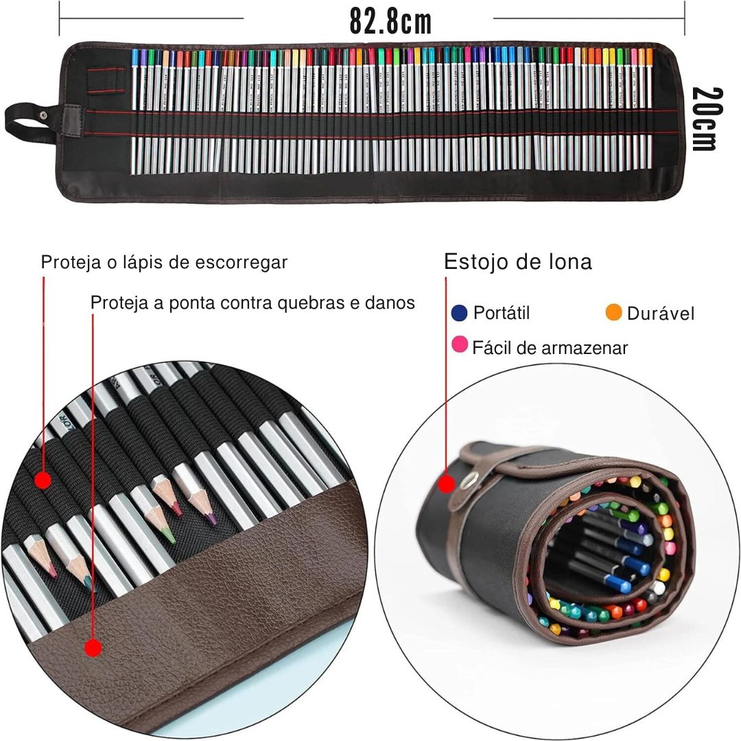 Conjunto completo de 72 Lápis Coloridos Oleosos, ideal para desenho e esboço. Detalhe dos lápis coloridos oleosos, destacando as cores intensas e a qualidade do material. Artista utilizando os lápis coloridos oleosos, demonstrando a vivacidade e a versatilidade das cores. Embalagem prática e portátil do conjunto de lápis, ideal para artistas em movimento.