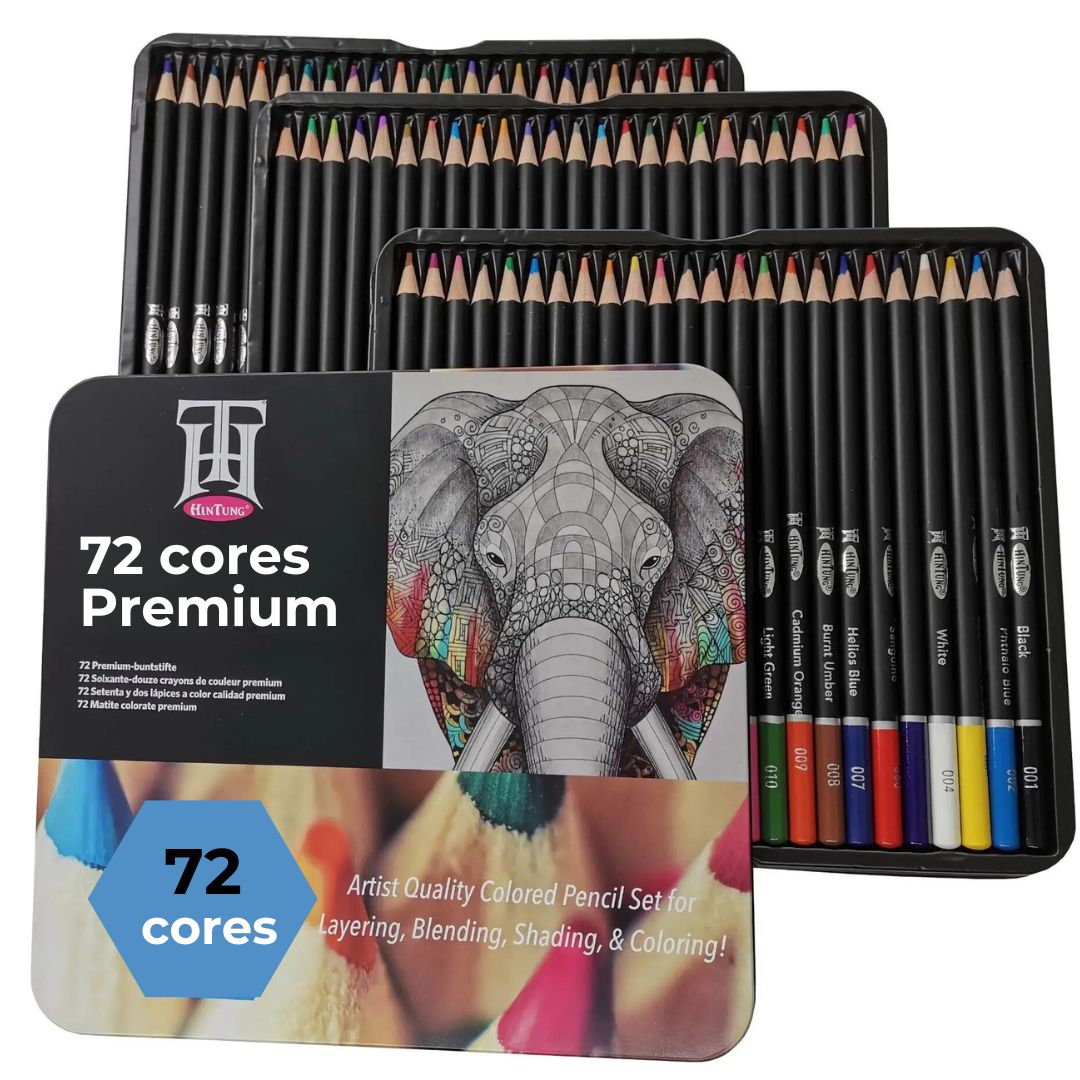 Conjunto de Lápis de Cor Profissional com 72 cores variadas, apresentado em uma elegante caixa de ferro. Close-up dos lápis de cor, destacando a variedade de tons e a qualidade do material de madeira. Caixa de ferro do conjunto de lápis de cor, enfatizando sua durabilidade e design sofisticado. Artista utilizando os lápis de cor do conjunto, demonstrando a vivacidade e a versatilidade das cores.