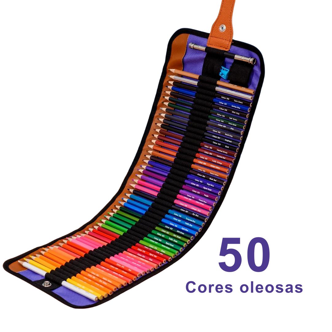 Conjunto de Lápis de Cor Arte Profissional com 50 ou 72 cores e acessórios incluídos. Close-up de lápis individuais do conjunto, destacando a qualidade e a variedade de cores. Artista usando os Lápis de Cor Arte Profissional em uma ilustração, mostrando a vivacidade das cores. Acessórios incluídos no conjunto: apontador de lápis, borracha e extensor.