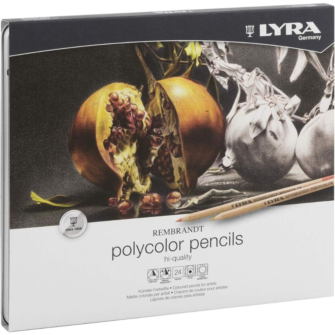 Conjunto completo de Lápis de Cor Profissional Polycolor com 36 cores variadas em exibição. Lápis de Cor Polycolor individual mostrando a vivacidade da cor e a qualidade do grafite. Obra de arte criada com Lápis de Cor Polycolor, destacando a mistura suave e as cores intensas. Artista utilizando Lápis de Cor Profissional Polycolor para desenhar um retrato detalhado.Embalagem elegante e informativa do Conjunto de Lápis de Cor Polycolor, disponível em tamanhos de 12, 24 e 36
