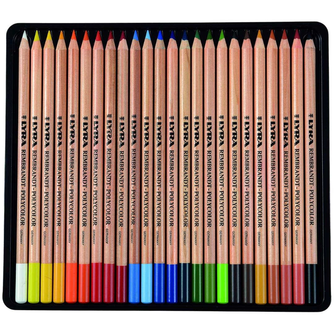 Conjunto completo de Lápis de Cor Profissional Polycolor com 36 cores variadas em exibição. Lápis de Cor Polycolor individual mostrando a vivacidade da cor e a qualidade do grafite. Obra de arte criada com Lápis de Cor Polycolor, destacando a mistura suave e as cores intensas. Artista utilizando Lápis de Cor Profissional Polycolor para desenhar um retrato detalhado.Embalagem elegante e informativa do Conjunto de Lápis de Cor Polycolor, disponível em tamanhos de 12, 24 e 36
