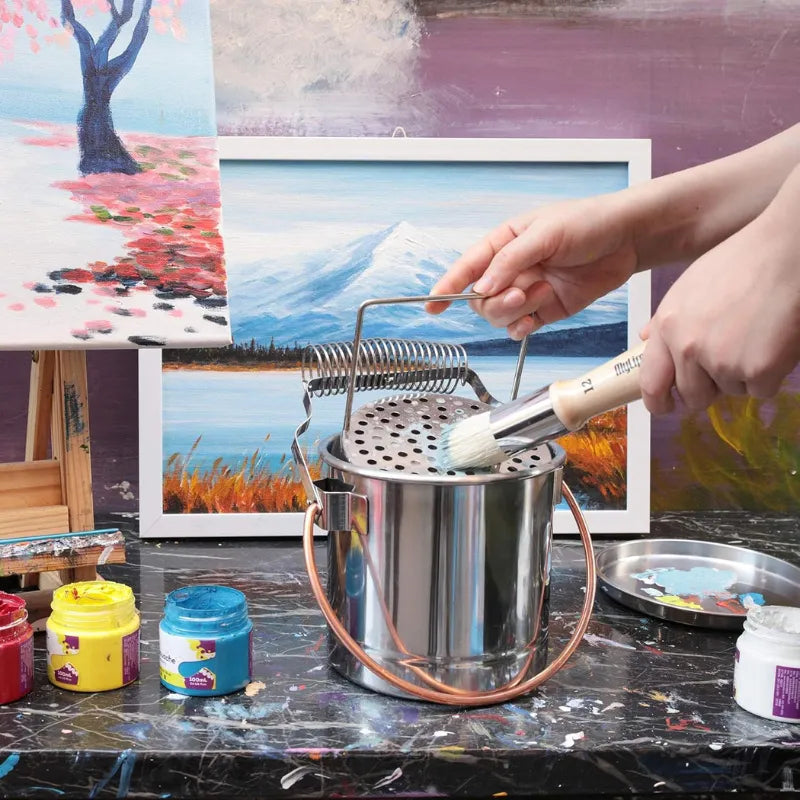 Balde lavador de pincéis de aço inoxidável com filtro e suporte em espiral para secagem
Lavador de pincéis portátil, resistente à ferrugem, ideal para pintura a óleo, acrílica e aquarela