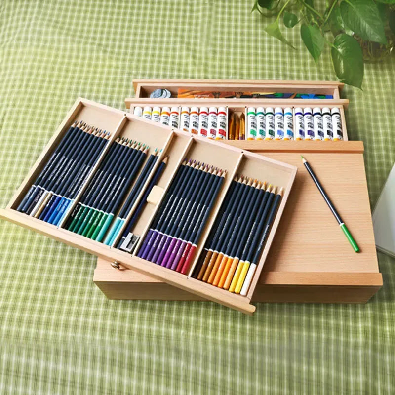 Caixa de armazenamento de madeira para pintura com três gavetas organizadoras.
Cavalete portátil para esboço com estrutura compacta e prática.