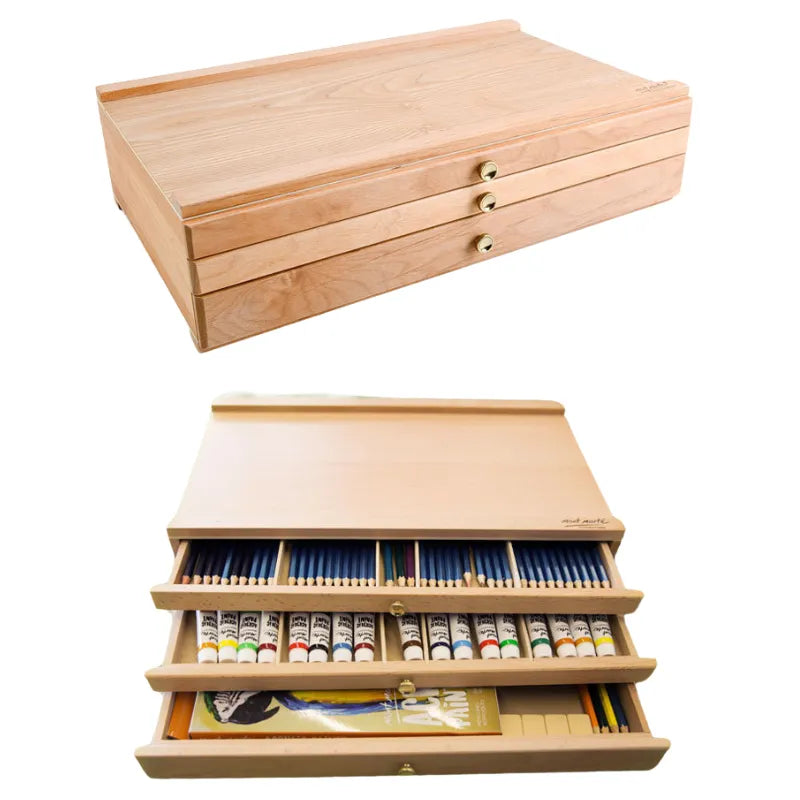 Caixa de armazenamento de madeira para pintura com três gavetas organizadoras.
Cavalete portátil para esboço com estrutura compacta e prática.