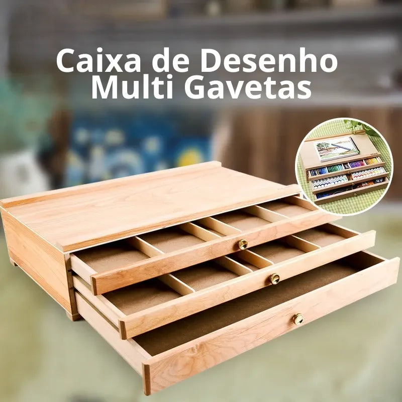 Caixa de armazenamento de madeira para pintura com três gavetas organizadoras.
Cavalete portátil para esboço com estrutura compacta e prática.