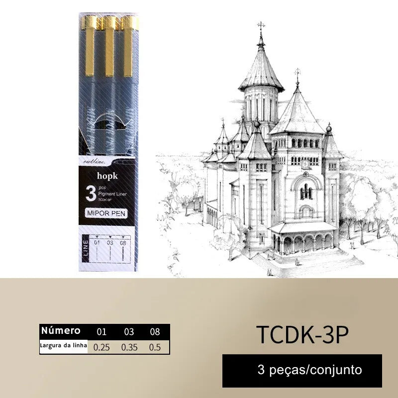 Conjunto de canetas de ponta fina para precisão, ideal para desenho técnico e artístico.
Canetas para desenho com tinta resistente ao desbotamento, em vários tamanhos de ponta.