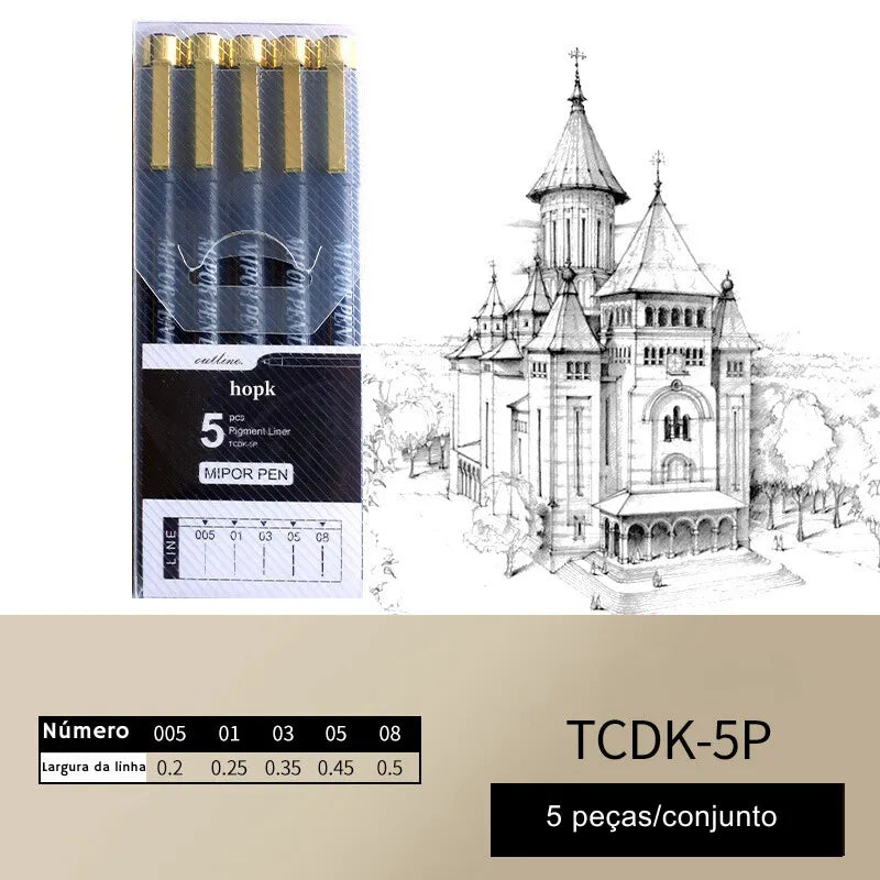 Conjunto de canetas de ponta fina para precisão, ideal para desenho técnico e artístico.
Canetas para desenho com tinta resistente ao desbotamento, em vários tamanhos de ponta.