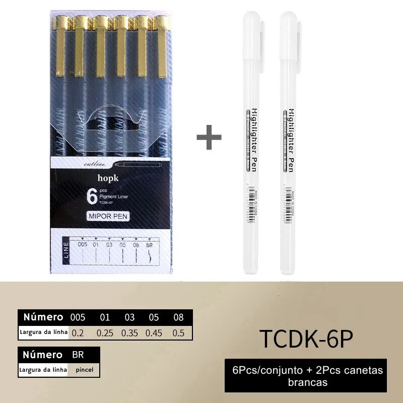Conjunto de canetas de ponta fina para precisão, ideal para desenho técnico e artístico.
Canetas para desenho com tinta resistente ao desbotamento, em vários tamanhos de ponta.