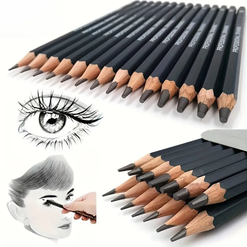 Conjunto de lápis de desenho para artistas de madeira premium, grafite de 2H a 8B.
Detalhe dos lápis de grafite para desenho profissional, com dureza variada para técnicas artísticas.