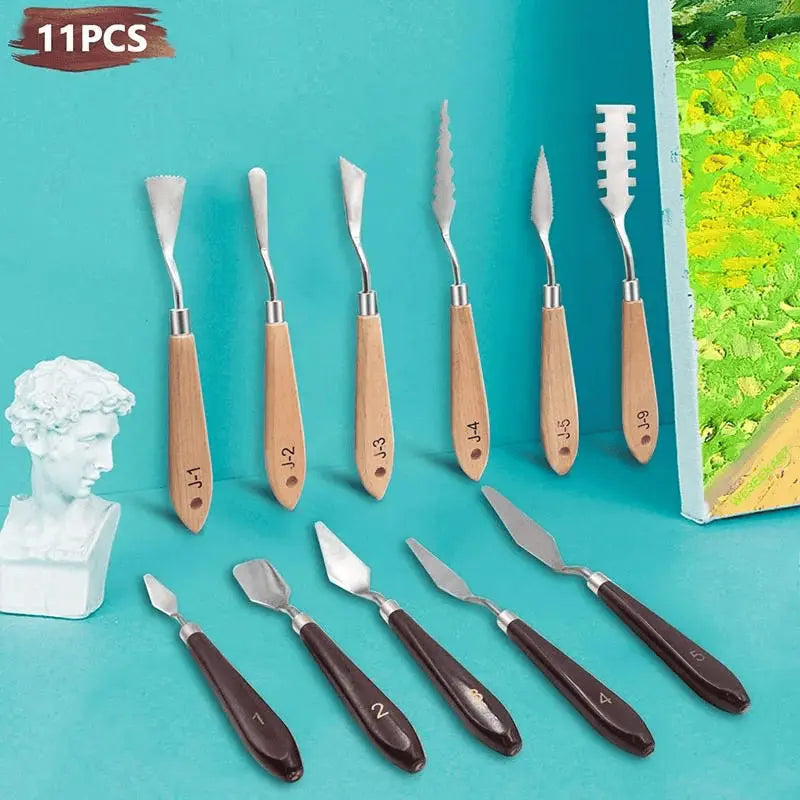 Eleve sua técnica de pintura a um novo patamar com nosso Conjunto de Espátulas em Aço Inoxidável. Este conjunto de 11 espátulas de alta qualidade oferece a versatilidade e a durabilidade necessárias para uma variedade de projetos artísticos.