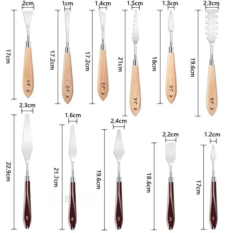 Eleve sua técnica de pintura a um novo patamar com nosso Conjunto de Espátulas em Aço Inoxidável. Este conjunto de 11 espátulas de alta qualidade oferece a versatilidade e a durabilidade necessárias para uma variedade de projetos artísticos.
