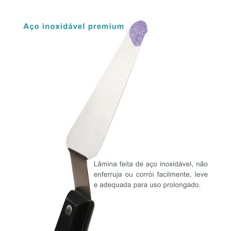 Espátula de pintura a óleo com lâmina de aço inoxidável e cabo de madeira.
Ferramenta artística para texturizar e misturar tintas em diferentes formatos.
