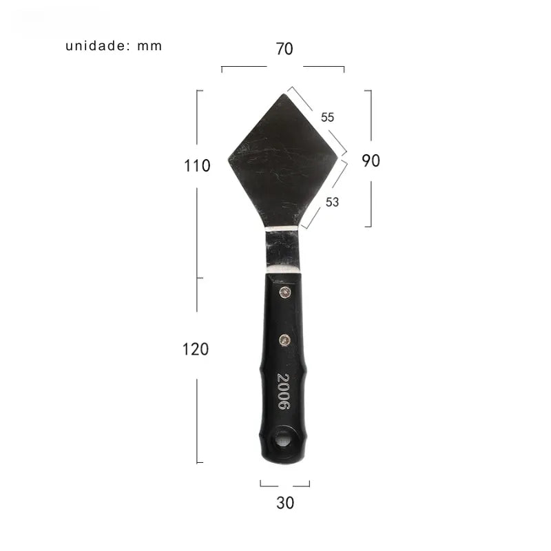 Espátula de pintura a óleo com lâmina de aço inoxidável e cabo de madeira.
Ferramenta artística para texturizar e misturar tintas em diferentes formatos.