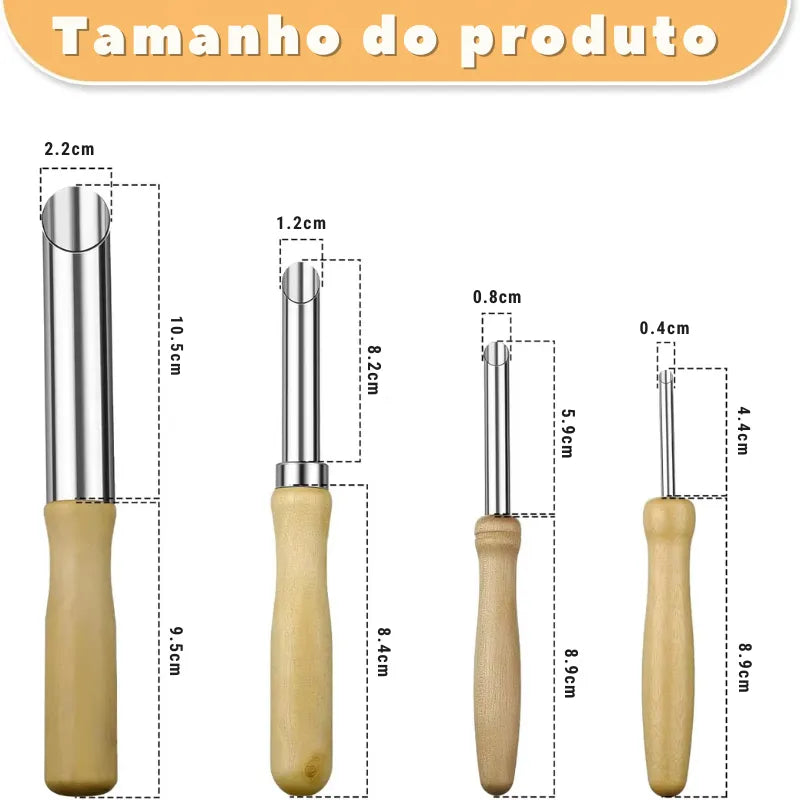 Conjunto de furadores de cerâmica com cabos de madeira e pontas de aço inoxidável.
Ferramentas para perfuração e marcação de argila em diferentes diâmetros.
