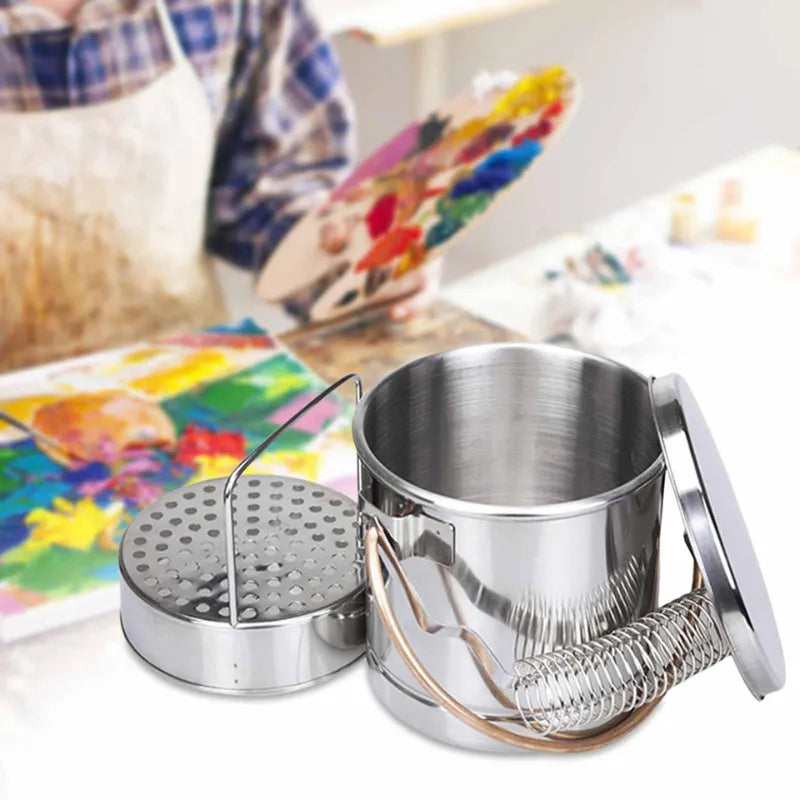 Balde lavador de pincéis de aço inoxidável com filtro e suporte em espiral para secagem
Lavador de pincéis portátil, resistente à ferrugem, ideal para pintura a óleo, acrílica e aquarela