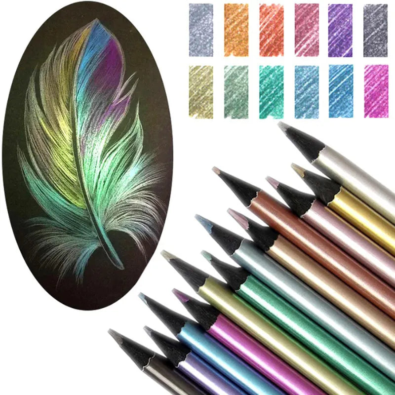 Lápis de Cores Metálicas Conjunto de Lápis Metálicos Brilhantes Efeitos Metálicos para Suas Criações Lápis de Cor Metálica para Artistas Cores Metálicas com Grafite HB, Lápis de cor metálica Lápis de cor para efeitos especiais Conjunto de lápis metálicos Lápis de grafite HB metálico Lápis de cor brilhante