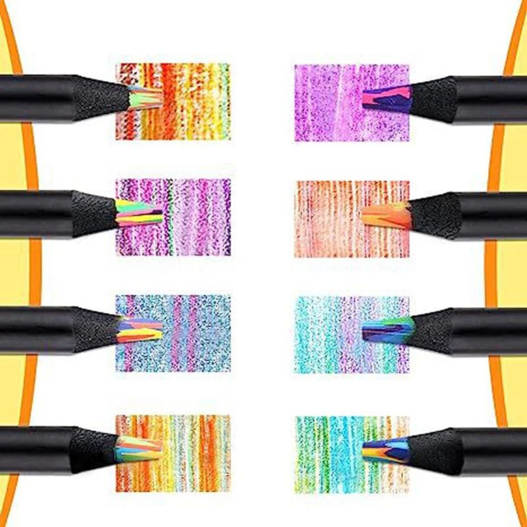Lápis de cor com núcleo arco-íris para efeitos multicoloridos.
Detalhe do núcleo arco-íris do lápis de cor.
Desenho feito com lápis de cor de núcleo arco-íris, efeito vibrante.