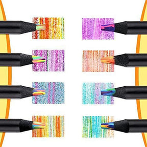 Lápis de cor com núcleo arco-íris para efeitos multicoloridos.
Detalhe do núcleo arco-íris do lápis de cor.
Desenho feito com lápis de cor de núcleo arco-íris, efeito vibrante.