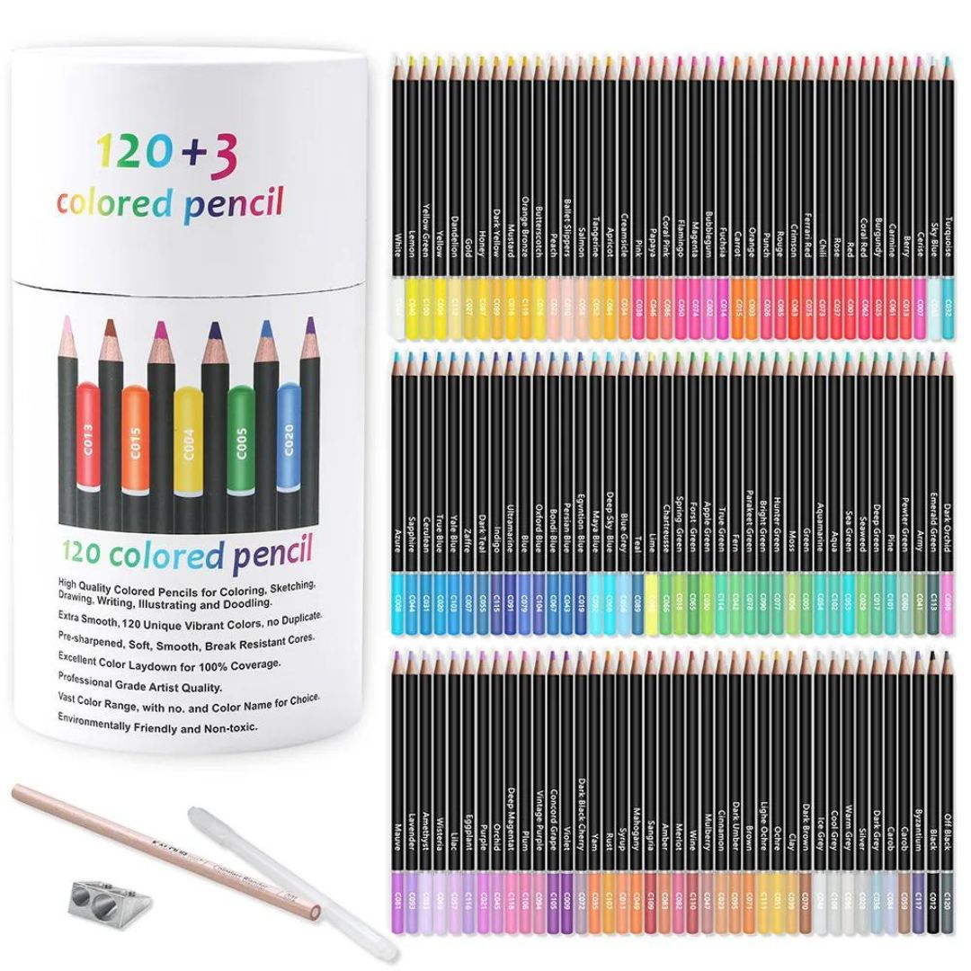Conjunto de 123 Lápis de Cor Oleosa para arte profissional, apresentando uma variedade de cores. Close-up dos lápis coloridos oleosos, enfatizando a qualidade do chumbo e a diversidade de cores. Artista utilizando os lápis de cor oleosa em uma obra de arte, demonstrando a vivacidade e a variedade das cores. Exibição das 123 cores do conjunto de lápis, ilustrando a ampla paleta disponível para os artistas.