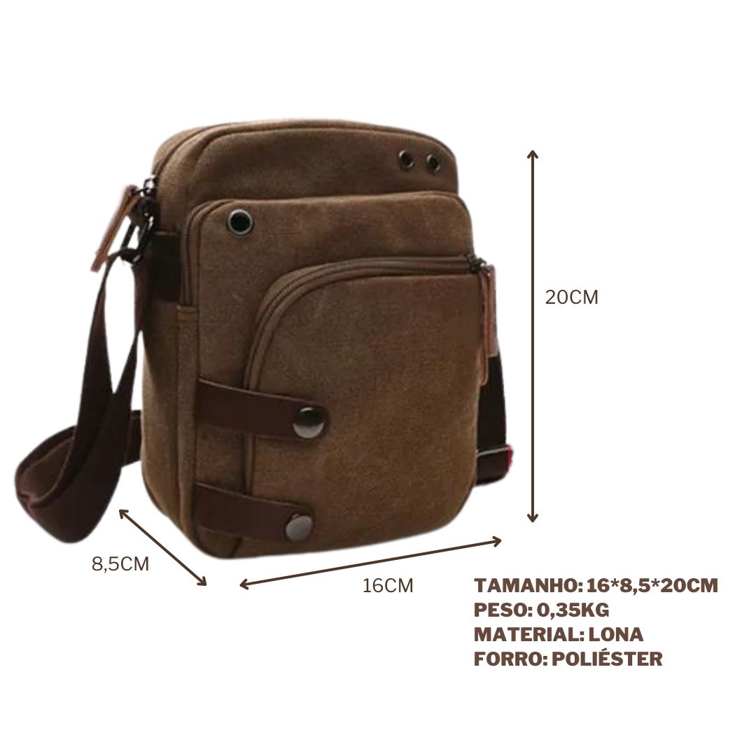Bolsa de Ombro Masculina, confeccionada em lona resistente, sendo versátil para diversas ocasiões. Seu interior possui vários bolsos, incluindo um específico para celular, além de um espaçoso compartimento com fechamento em zíper. Com um estilo vintage, essa bolsa é perfeita para aqueles que buscam praticidade e estilo.