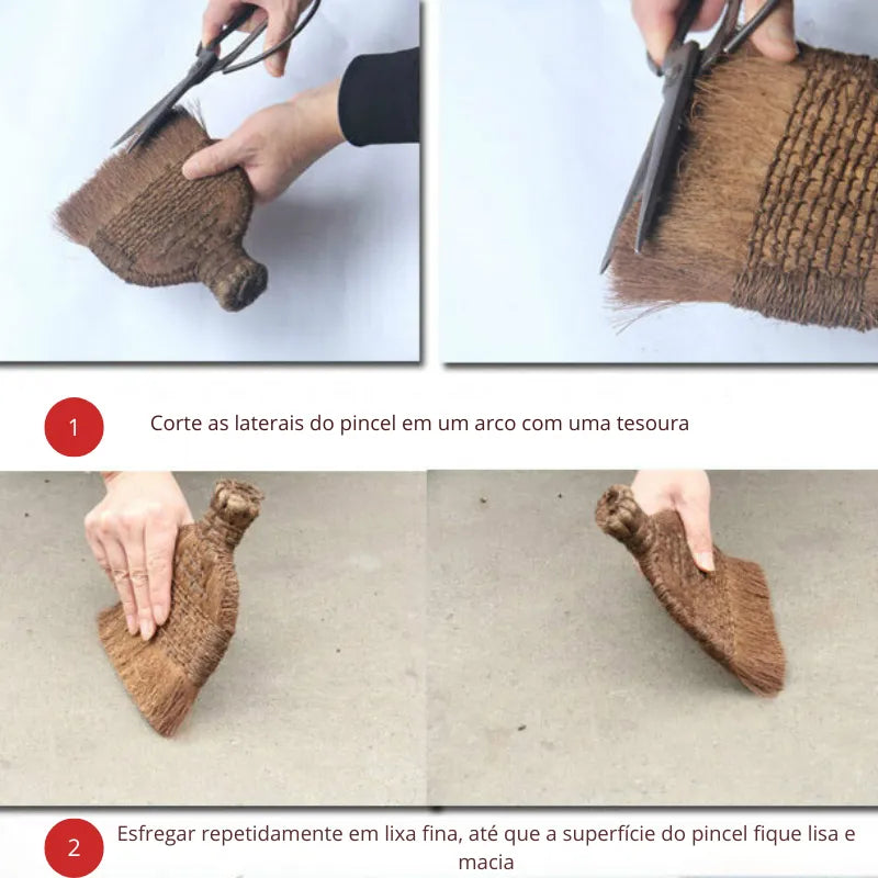 Pincel de palma natural com cabo de madeira para pintura e caligrafia.
Detalhe das cerdas de palma e do cabo ergonômico de madeira do pincel de palma para técnicas artísticas.