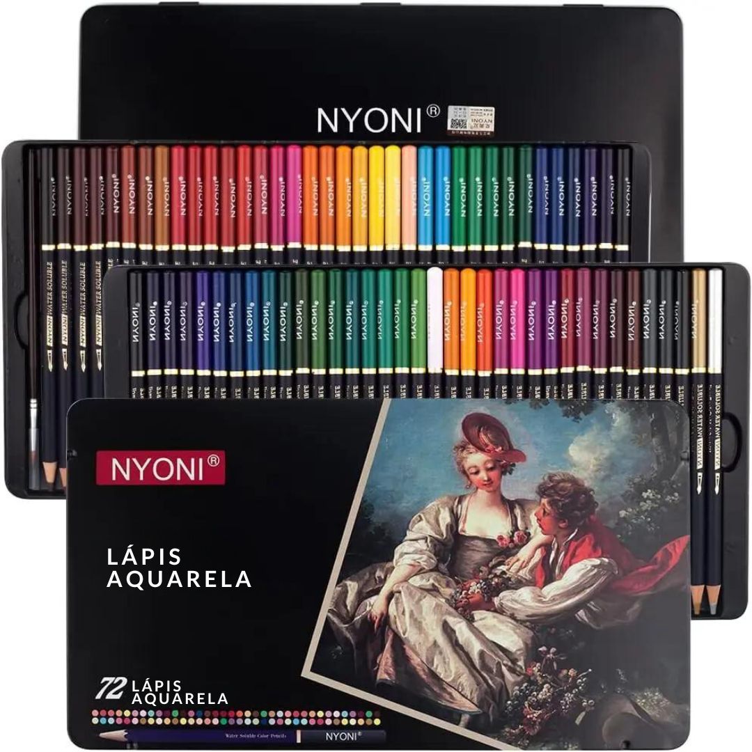 Conjunto de Lápis de Aquarela Profissional Solúvel em Água, destacando a variedade de cores. Lápis de aquarela sendo usados em papel, mostrando a transição da cor seca para os efeitos de aquarela. Detalhe da ponta do lápis de aquarela 3B, ilustrando a intensidade da cor e a suavidade do traço. Obra de arte criada com os lápis de aquarela, exibindo a riqueza e a versatilidade das cores.