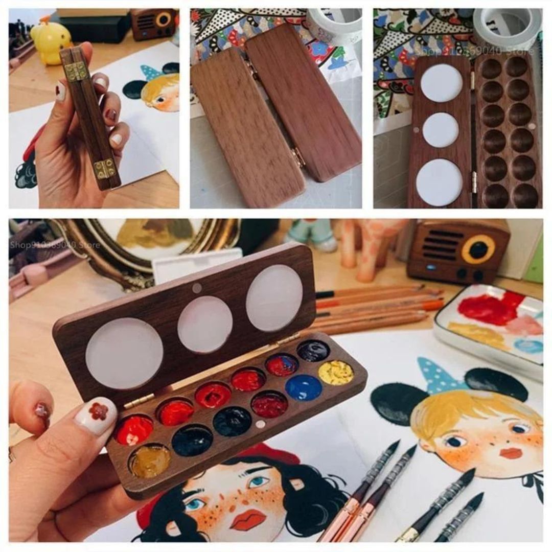 Caixa de pintura em aquarela artesanal de madeira fechada, mostrando seu design compacto e elegante. Vista interna da caixa de pintura em aquarela de madeira, destacando os compartimentos e a organização Artista utilizando a caixa de pintura em aquarela durante uma sessão ao ar livre, exemplificando sua portabilidade. As diferentes configurações de tamanho da caixa de pintura em aquarela, mostrando opções para variadas necessidades artísticas.
