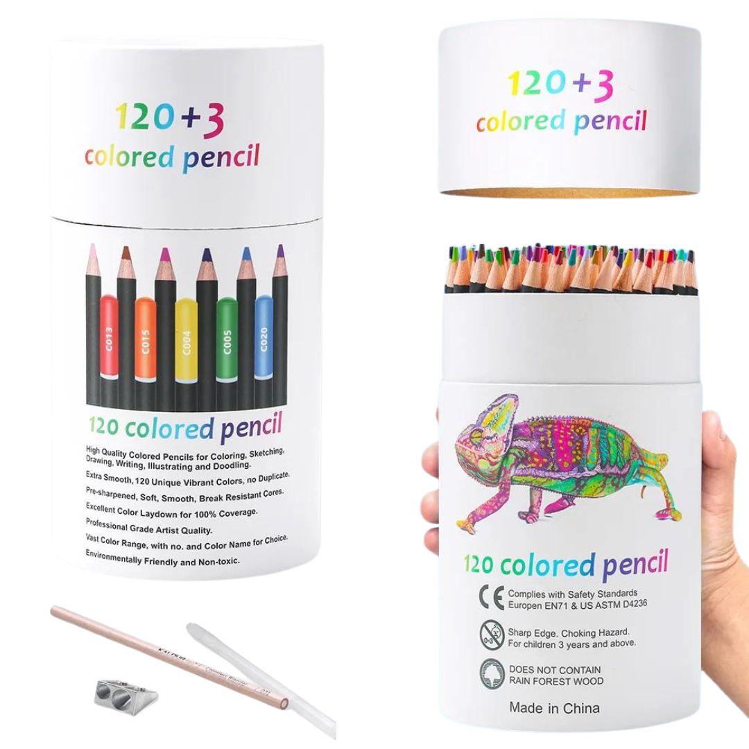 Conjunto de 123 Lápis de Cor Oleosa para arte profissional, apresentando uma variedade de cores. Close-up dos lápis coloridos oleosos, enfatizando a qualidade do chumbo e a diversidade de cores. Artista utilizando os lápis de cor oleosa em uma obra de arte, demonstrando a vivacidade e a variedade das cores. Exibição das 123 cores do conjunto de lápis, ilustrando a ampla paleta disponível para os artistas.