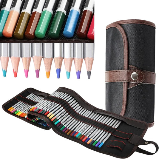 Conjunto completo de 72 Lápis Coloridos Oleosos, ideal para desenho e esboço. Detalhe dos lápis coloridos oleosos, destacando as cores intensas e a qualidade do material. Artista utilizando os lápis coloridos oleosos, demonstrando a vivacidade e a versatilidade das cores. Embalagem prática e portátil do conjunto de lápis, ideal para artistas em movimento.