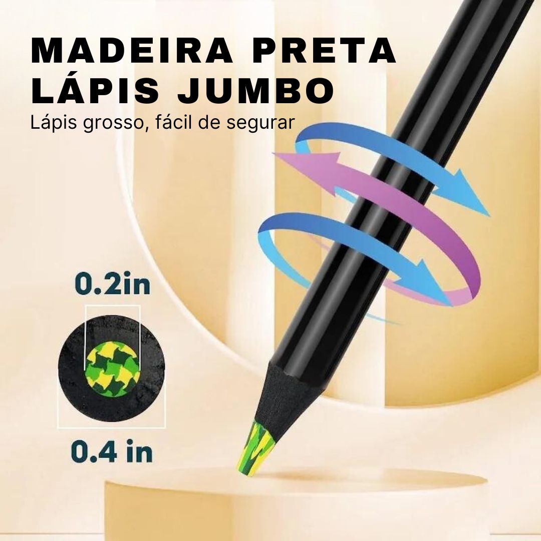 Lápis de cor com núcleo arco-íris para efeitos multicoloridos.
Detalhe do núcleo arco-íris do lápis de cor.
Desenho feito com lápis de cor de núcleo arco-íris, efeito vibrante.