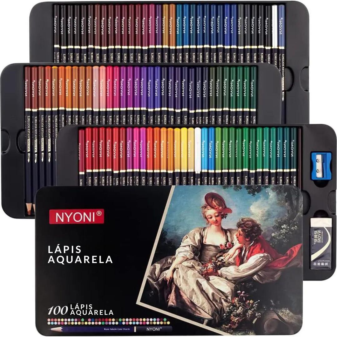 Conjunto de Lápis de Aquarela Profissional Solúvel em Água, destacando a variedade de cores. Lápis de aquarela sendo usados em papel, mostrando a transição da cor seca para os efeitos de aquarela. Detalhe da ponta do lápis de aquarela 3B, ilustrando a intensidade da cor e a suavidade do traço. Obra de arte criada com os lápis de aquarela, exibindo a riqueza e a versatilidade das cores.