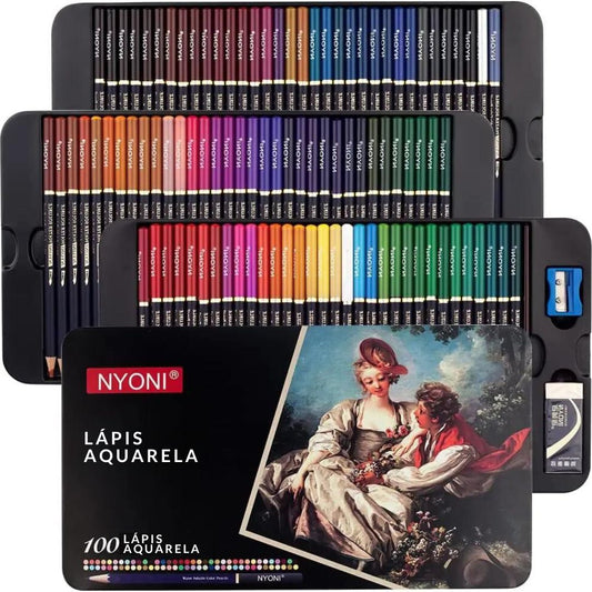 Conjunto de Lápis de Aquarela Profissional Solúvel em Água, destacando a variedade de cores. Lápis de aquarela sendo usados em papel, mostrando a transição da cor seca para os efeitos de aquarela. Detalhe da ponta do lápis de aquarela 3B, ilustrando a intensidade da cor e a suavidade do traço. Obra de arte criada com os lápis de aquarela, exibindo a riqueza e a versatilidade das cores.