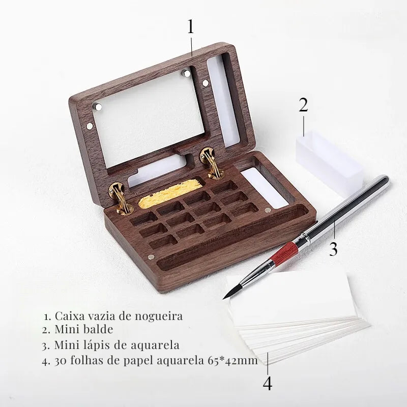 Caixa de paleta de aquarela portátil
Paleta magnética de madeira
Ferramentas de pintura ao ar livre
Paleta de aquarela para viagem
Conjunto de pintura de aquarela compacta
Caixa de aquarela de madeira para artistas Caixa de Paleta de Aquarela Magnética em madeira de nogueira, com espaço para 12 cores, mini lápis de viagem, esponja e folhas de papel aquarela Baohong 300g. Compacta e magnética, é ideal para artistas que pintam ao ar livre. Perfeita para transportar e usar em qualquer lugar.