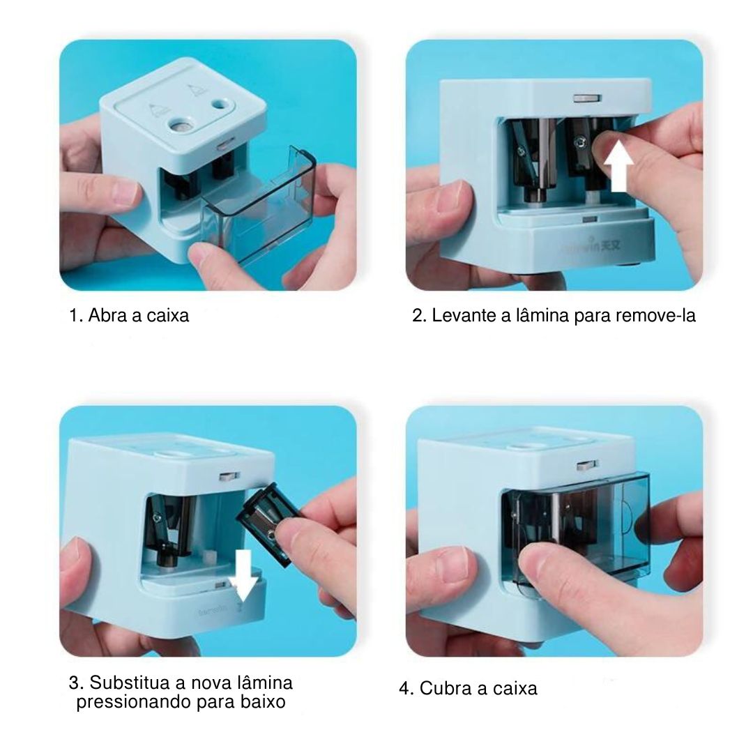 Apontador com lápis de diferentes tamanhos sendo afiados.
Cabo USB conectado ao apontador demonstrando versatilidade de uso.