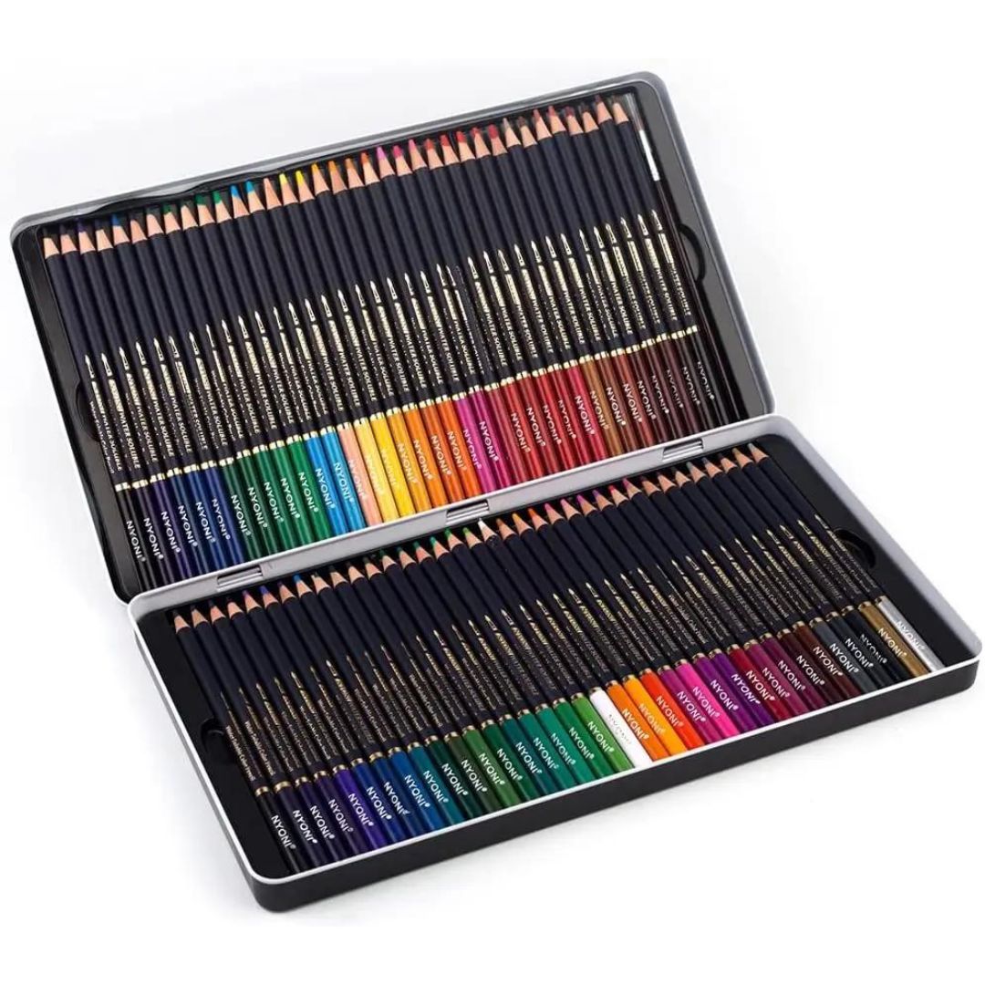 Conjunto de Lápis de Aquarela Profissional Solúvel em Água, destacando a variedade de cores. Lápis de aquarela sendo usados em papel, mostrando a transição da cor seca para os efeitos de aquarela. Detalhe da ponta do lápis de aquarela 3B, ilustrando a intensidade da cor e a suavidade do traço. Obra de arte criada com os lápis de aquarela, exibindo a riqueza e a versatilidade das cores.