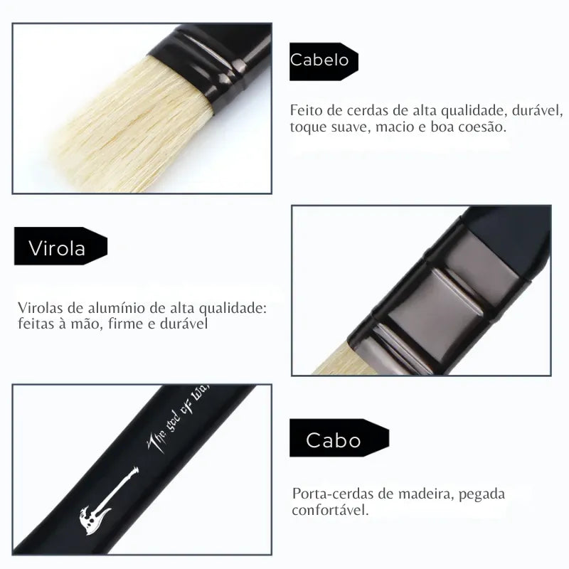 Conjunto de 10 pincéis profissionais para desenho com cabo de madeira e cerdas naturais.
Detalhe das cerdas naturais e cabo ergonômico de madeira dos pincéis para pintura a óleo.