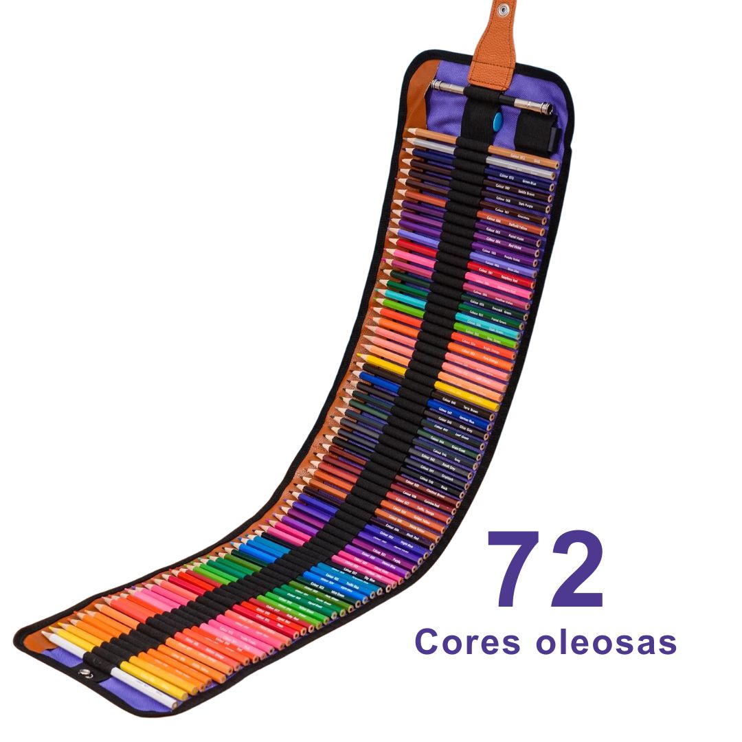 Conjunto de Lápis de Cor Arte Profissional com 50 ou 72 cores e acessórios incluídos. Close-up de lápis individuais do conjunto, destacando a qualidade e a variedade de cores. Artista usando os Lápis de Cor Arte Profissional em uma ilustração, mostrando a vivacidade das cores. Acessórios incluídos no conjunto: apontador de lápis, borracha e extensor.