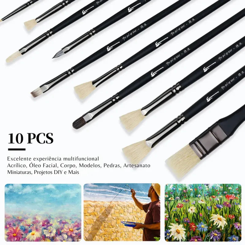 Conjunto de 10 pincéis profissionais para desenho com cabo de madeira e cerdas naturais.
Detalhe das cerdas naturais e cabo ergonômico de madeira dos pincéis para pintura a óleo.