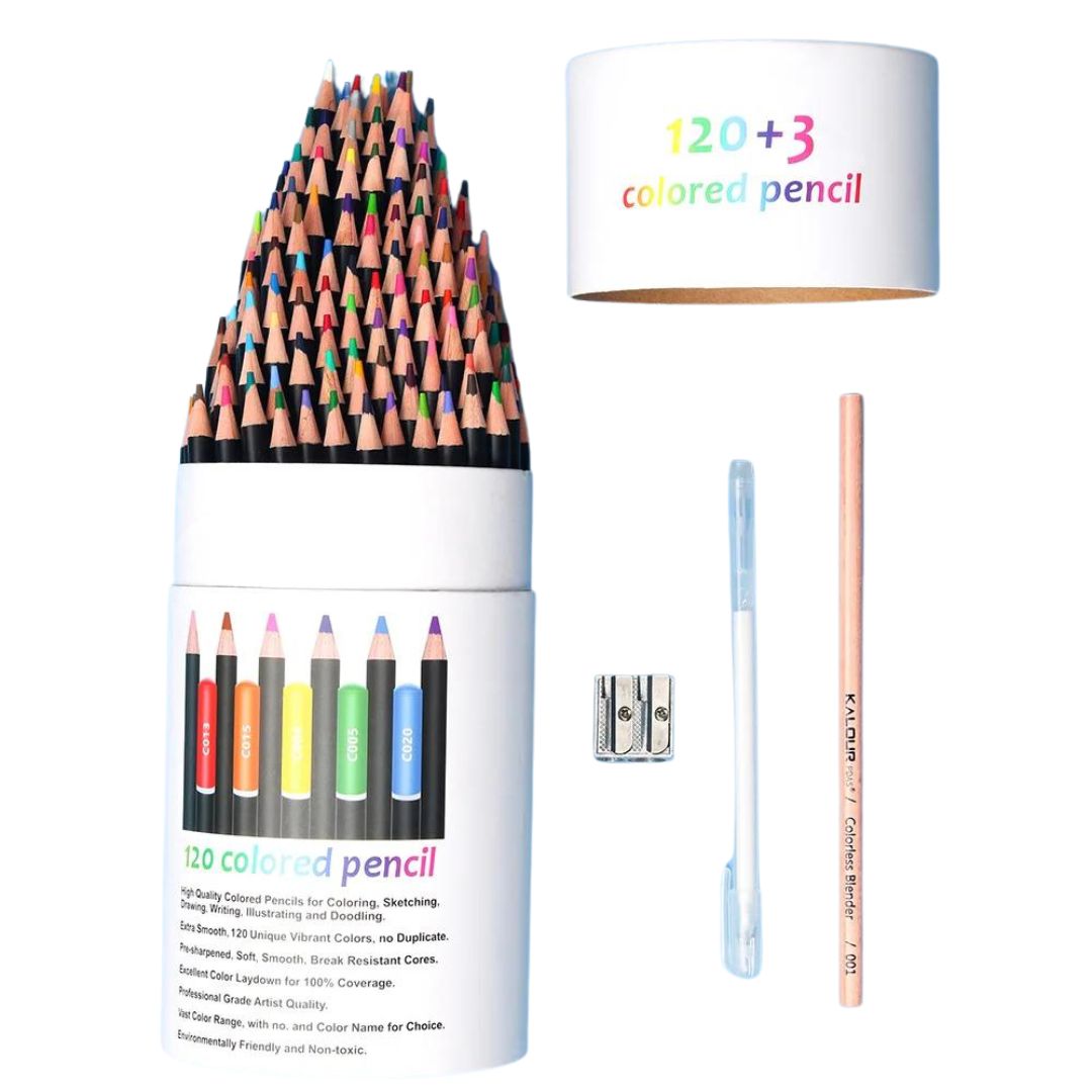 Conjunto de 123 Lápis de Cor Oleosa para arte profissional, apresentando uma variedade de cores. Close-up dos lápis coloridos oleosos, enfatizando a qualidade do chumbo e a diversidade de cores. Artista utilizando os lápis de cor oleosa em uma obra de arte, demonstrando a vivacidade e a variedade das cores. Exibição das 123 cores do conjunto de lápis, ilustrando a ampla paleta disponível para os artistas.