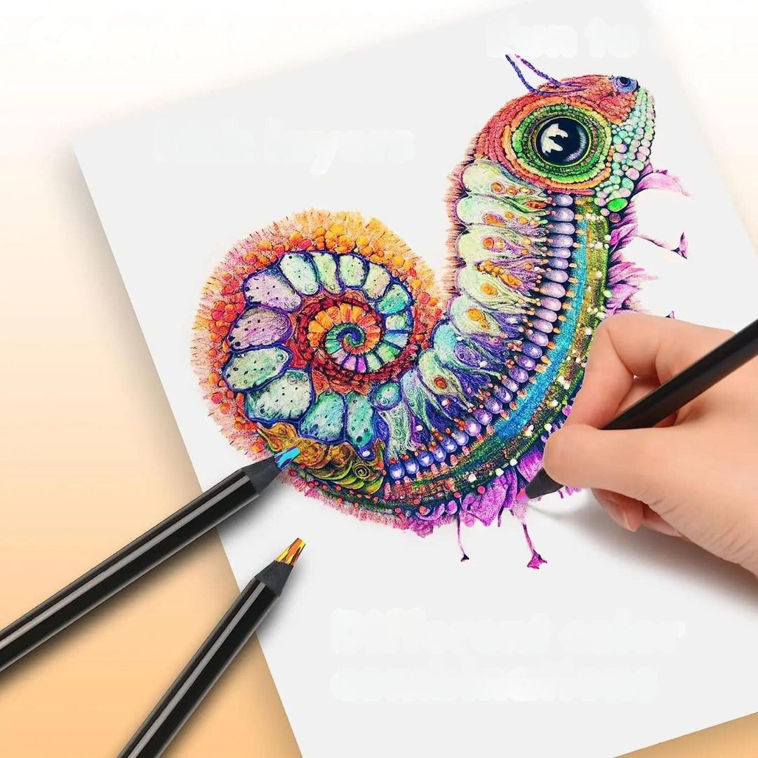Lápis de cor com núcleo arco-íris para efeitos multicoloridos.
Detalhe do núcleo arco-íris do lápis de cor.
Desenho feito com lápis de cor de núcleo arco-íris, efeito vibrante.