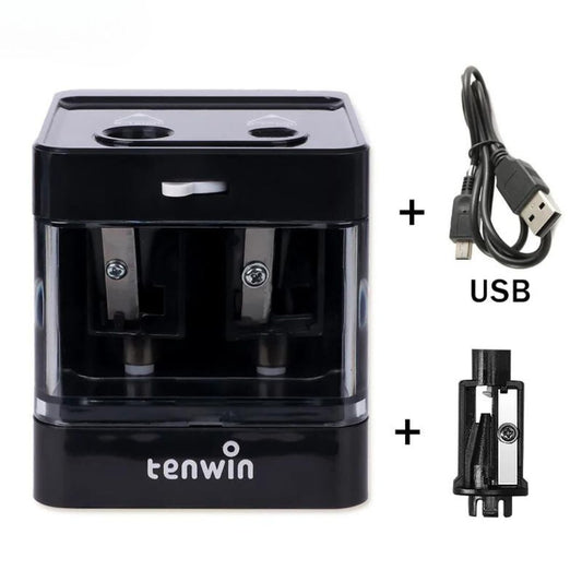 Apontador com lápis de diferentes tamanhos sendo afiados.
Cabo USB conectado ao apontador demonstrando versatilidade de uso.