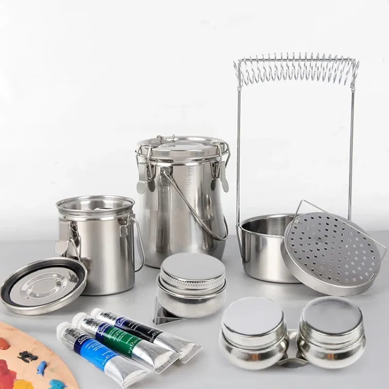 Baldes de aço inoxidável com filtro removível e tampa vedada para pintura
Baldes artísticos em tamanhos pequeno, médio e grande, ideais para pintura ao ar livre
