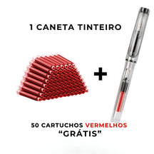 Caneta-tinteiro transparente com design moderno ao lado de cartuchos de tinta.
Escrita elegante e suave demonstrada em papel com a caneta em uso.