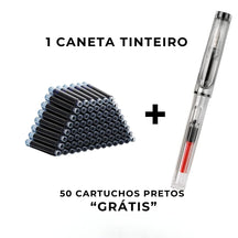 Caneta-tinteiro transparente com design moderno ao lado de cartuchos de tinta.
Escrita elegante e suave demonstrada em papel com a caneta em uso.