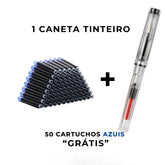 Caneta-tinteiro transparente com design moderno ao lado de cartuchos de tinta.
Escrita elegante e suave demonstrada em papel com a caneta em uso.