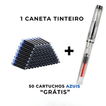 Caneta-tinteiro transparente com design moderno ao lado de cartuchos de tinta.
Escrita elegante e suave demonstrada em papel com a caneta em uso.