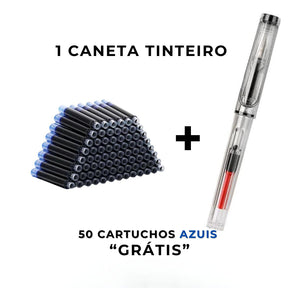 Caneta-tinteiro transparente com design moderno ao lado de cartuchos de tinta.
Escrita elegante e suave demonstrada em papel com a caneta em uso.